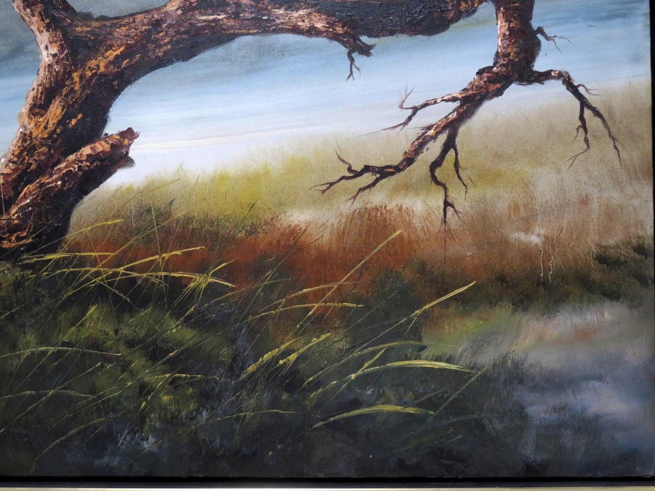 Original Hector Salas Landscape Mailbox Oil on Canvas 37.25 x 37.25 Framed
