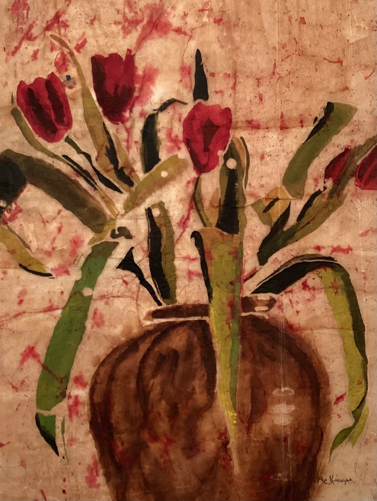 Original Watercolor Tulips in Bloom Painting Batik Art on Rice Paper 13×17 in