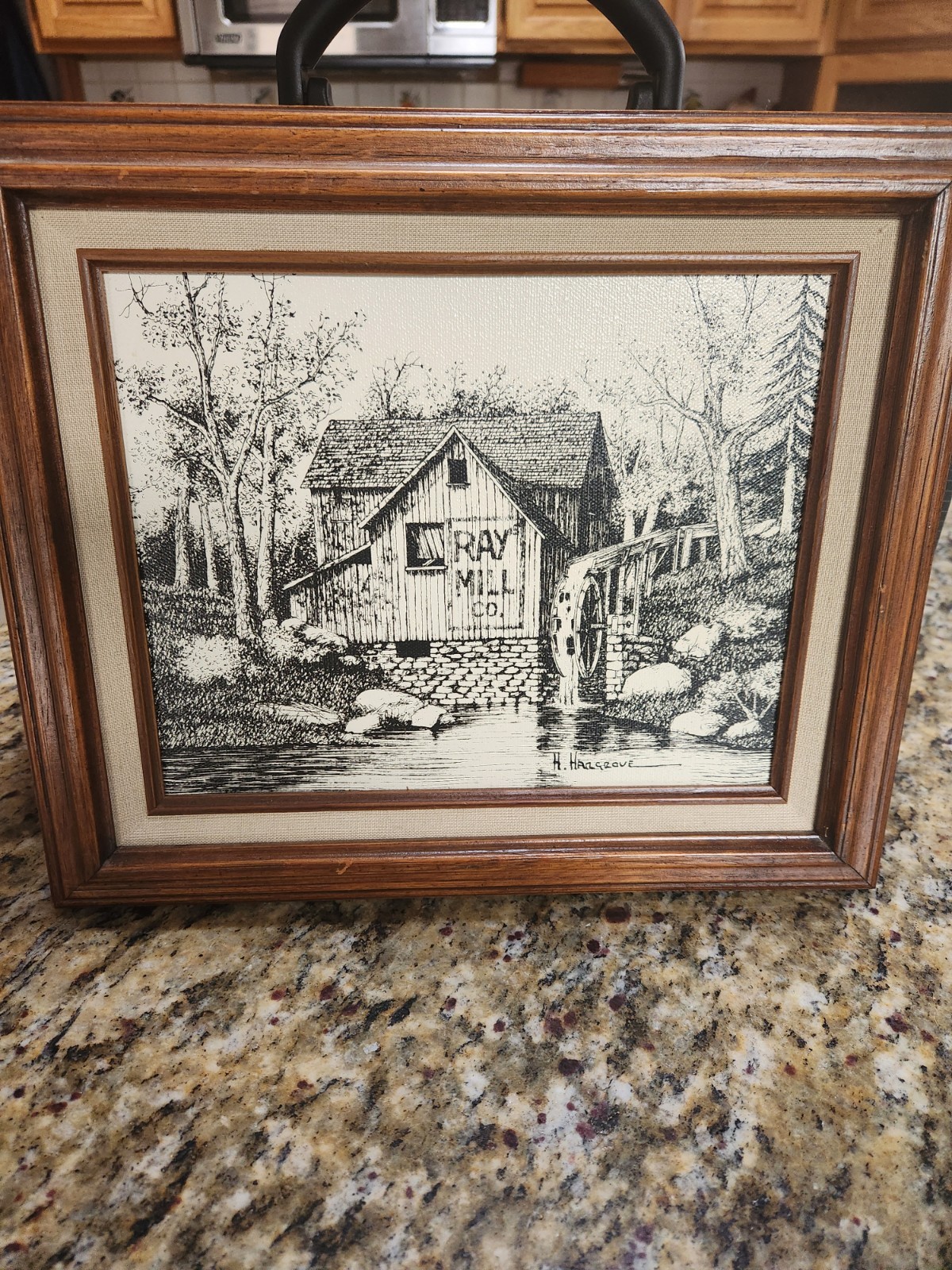 H. Hargrove Signed Serigraph – 13×12 Framed Oil Painting, Black & White Mill