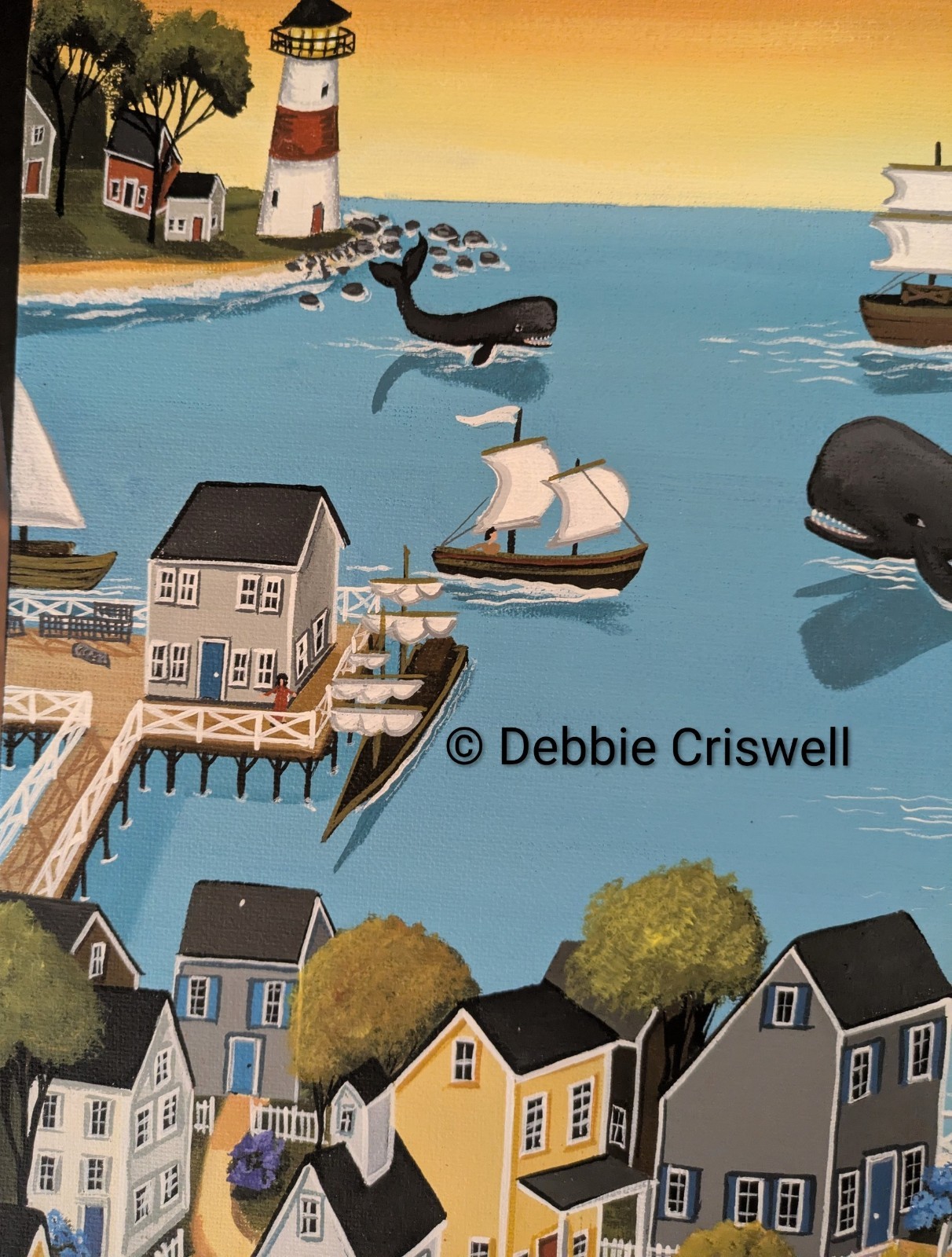 ORIGINAL PAINTING Folk Art Whales Nantucket Lighthouse Primitive Landscape Ships