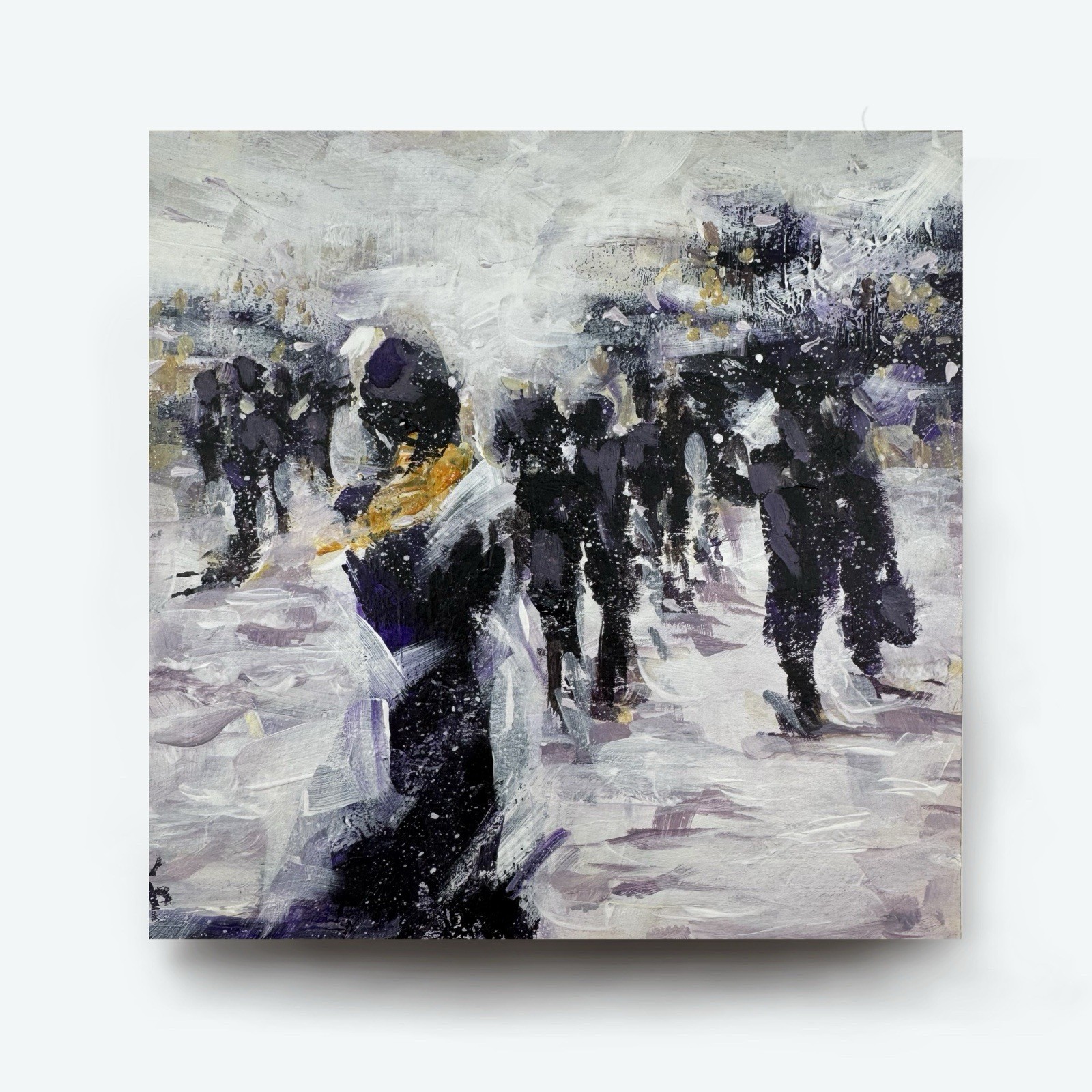Original Acrylic Painting 8×8 Winter Snow Landscape Figures Cityscape Village