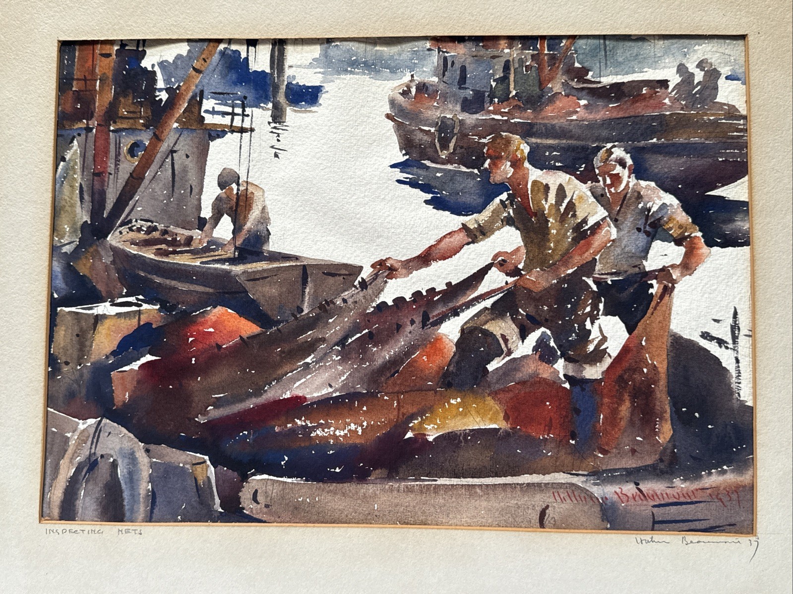 Antique Painting Arthur Beaumont WPA Fisherman Marina Workers Landscape American