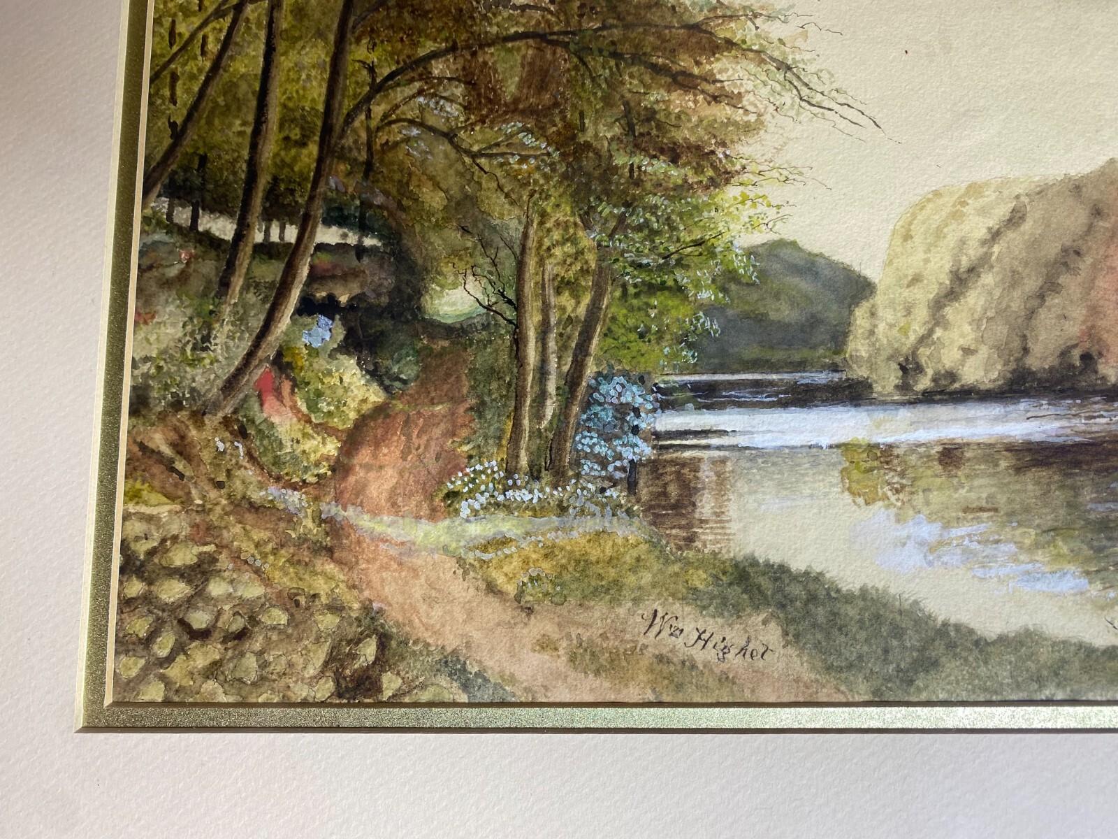 Antique W Higher «River Landscape Scene» Watercolor Painting – Signed And Framed