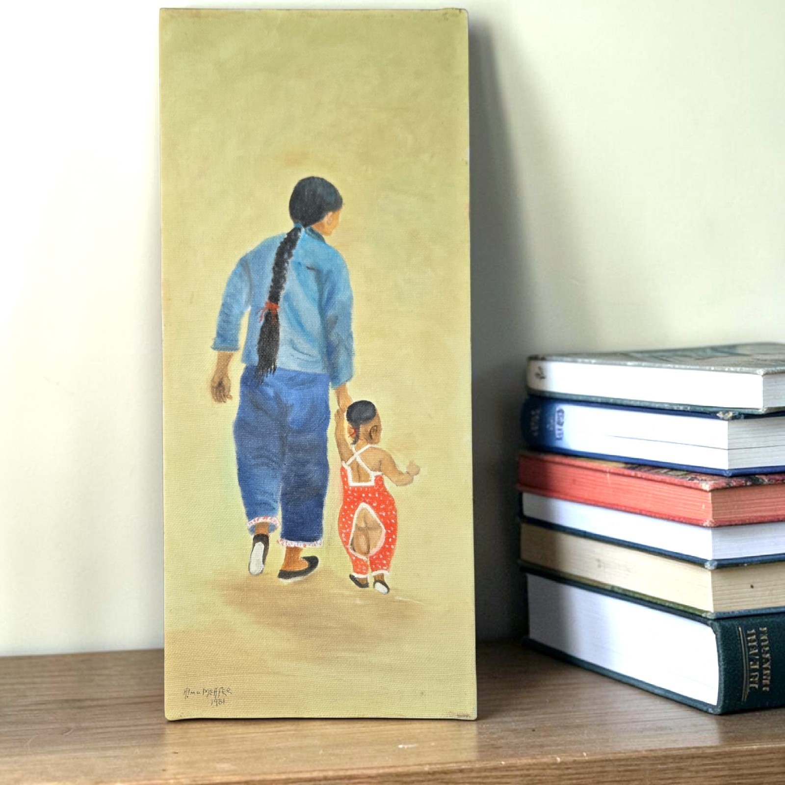 Original Signed Painting Mother and Child Chinese Asian Nursery Children’s Room