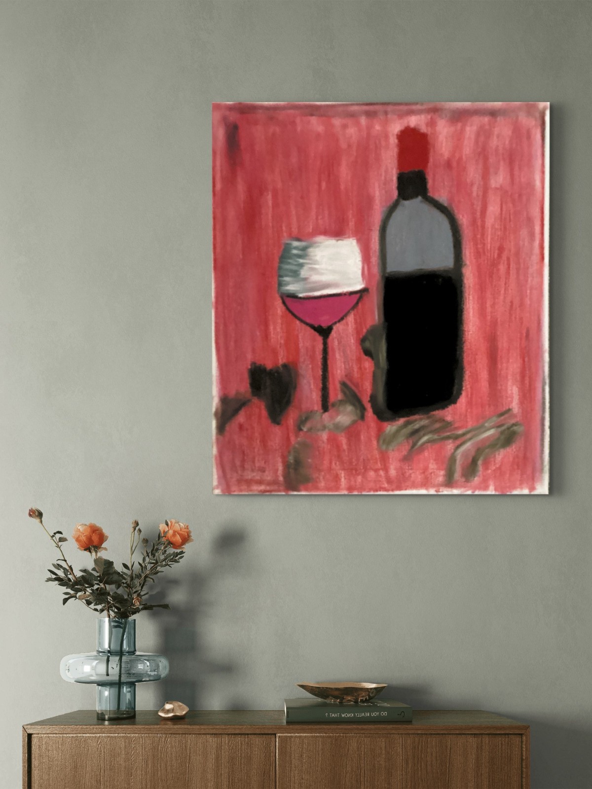 Food Dinner Wine Bottle Original Red Pink Art 11 by 14 Canvas