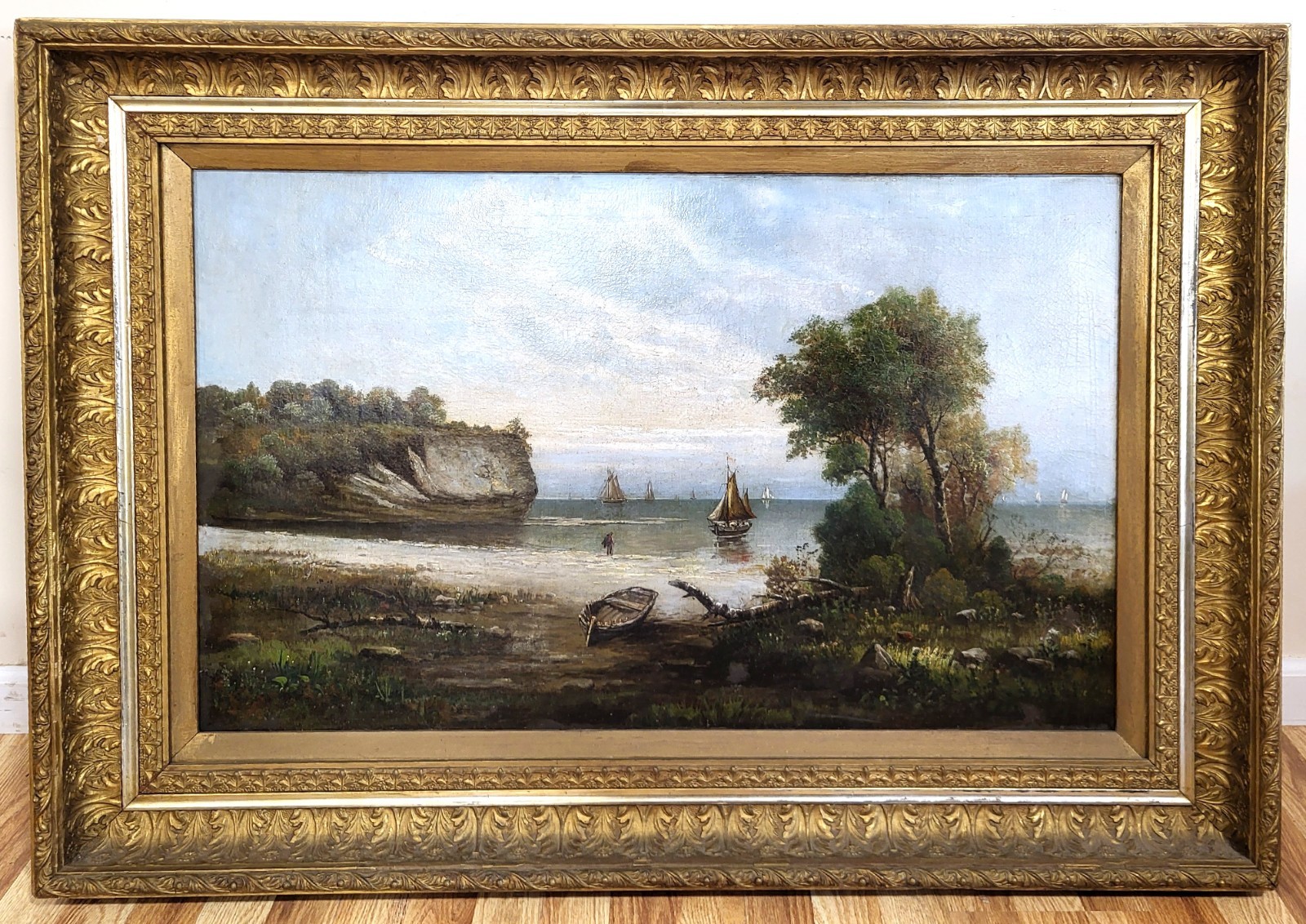 X-Large ANTIQUE Gilt Framed 19th C SEASCAPE Coastal SAILBOAT Scene OIL PAINTING