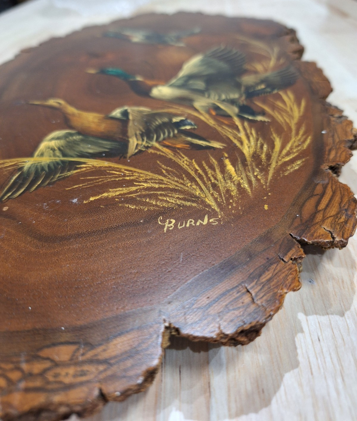 VTG Mallard Ducks Wood Slice Painting C Burns Original Wildlife Art on Live Edge