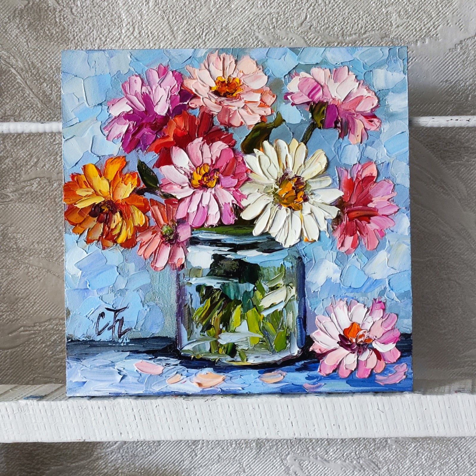 original oil painting Zinnia Colorful Flowers Vase impasto Floral art 6*6 in