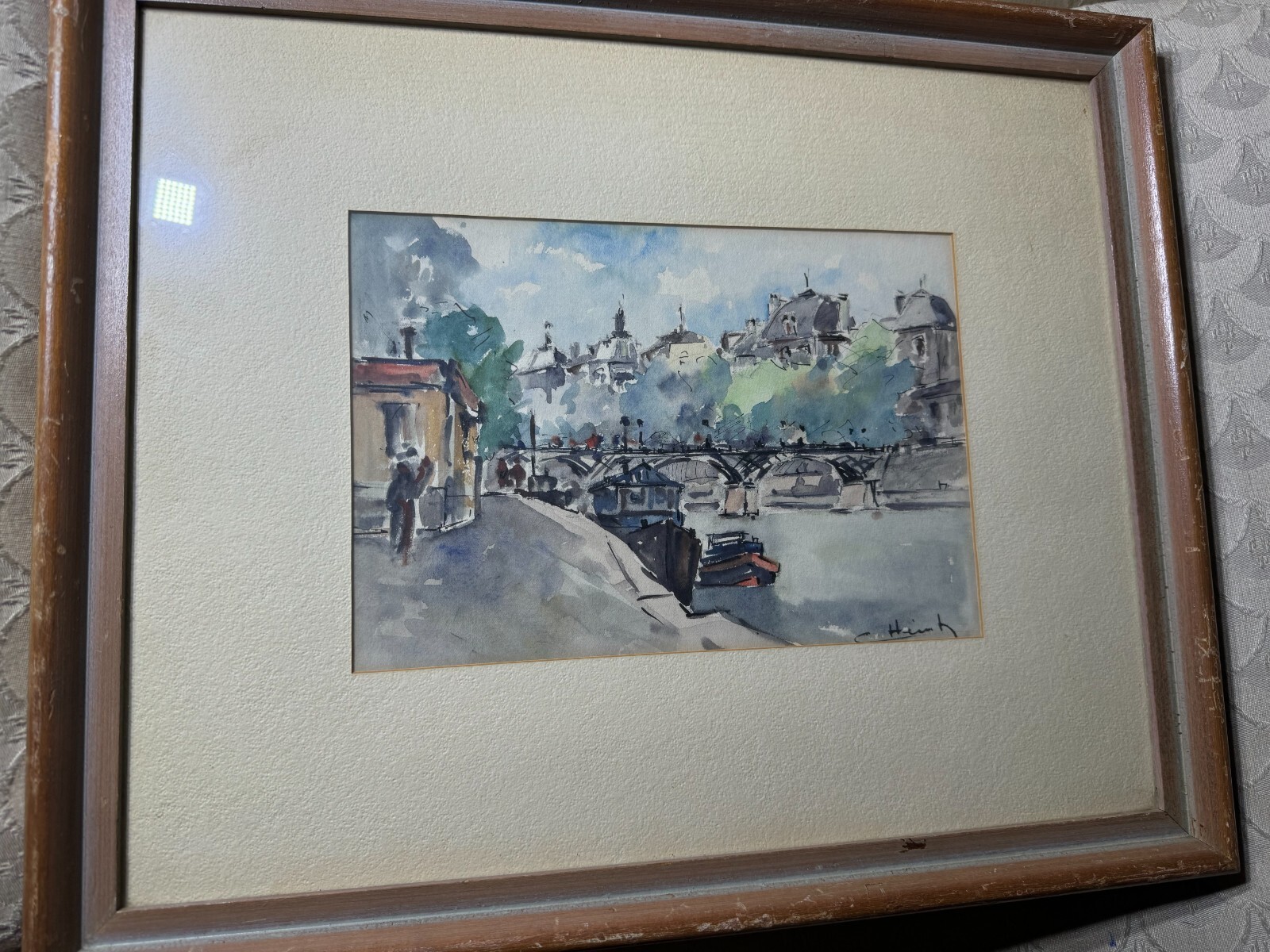 Vintage «Parisian Street With Figures Scene» Watercolor Painting – Signed/Framed