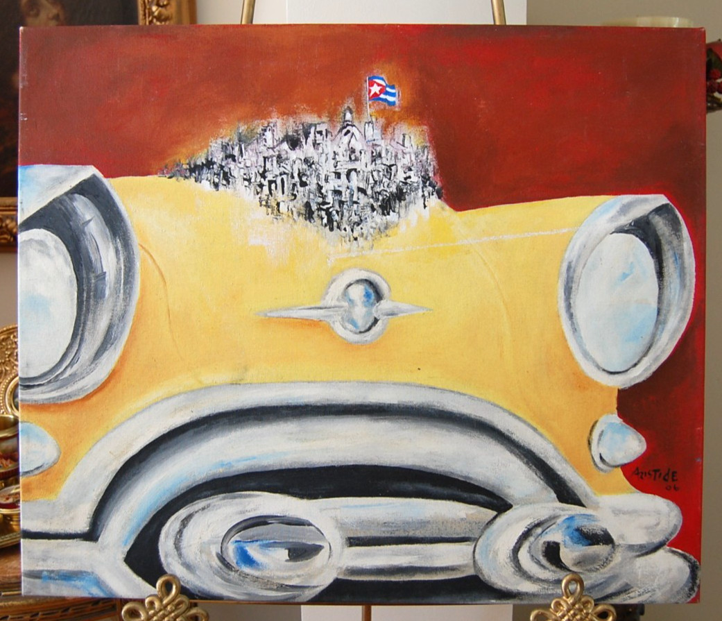 LARGE BOLD PAINTING OF OLD CAR WITH HAVANA CITYSCAPE CUBAN FLAG ARTIST ARISTIDE
