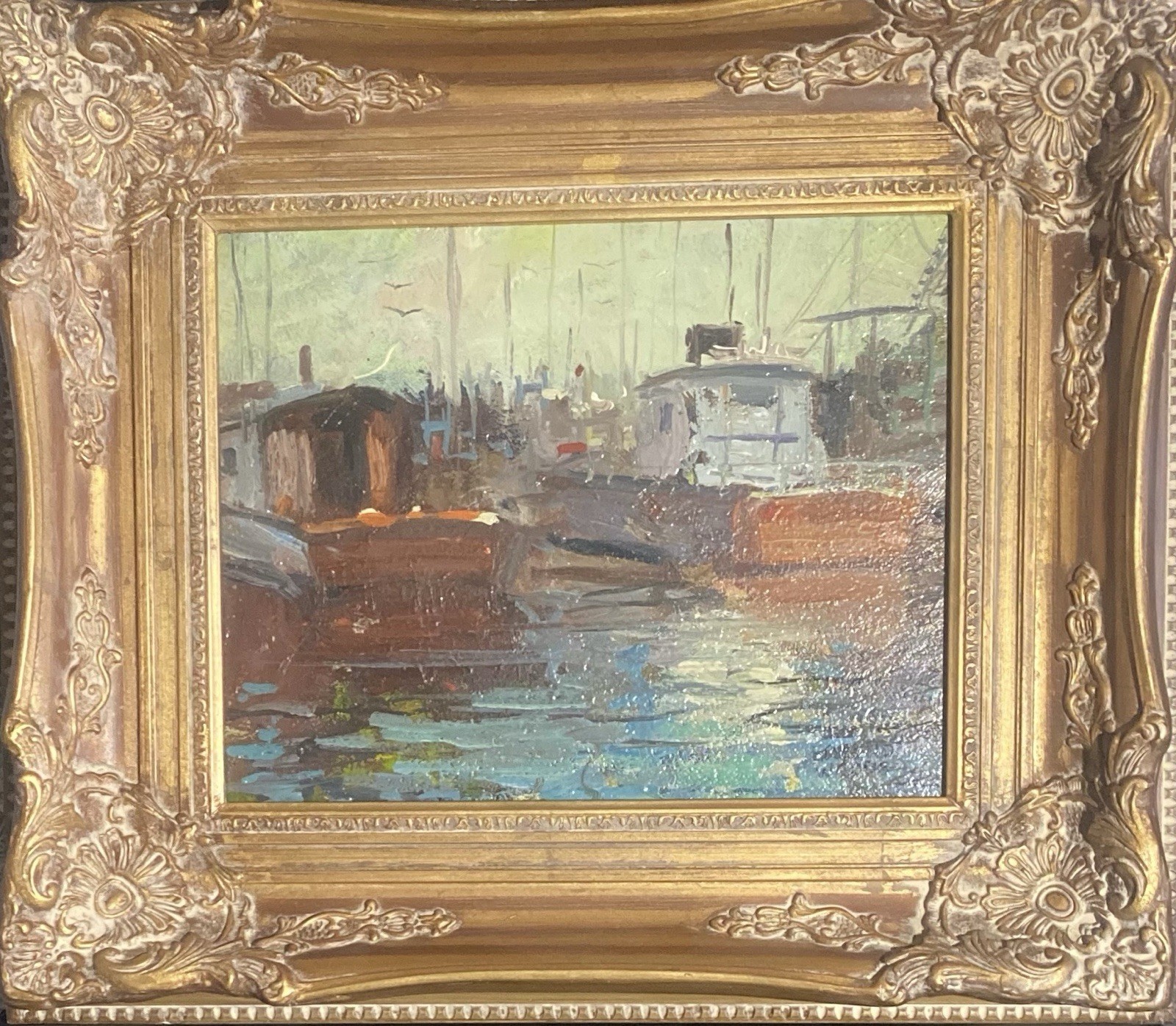 Double side Oil on Board San Diego Harbor Scene. Seagull oil on Reverse, Signed