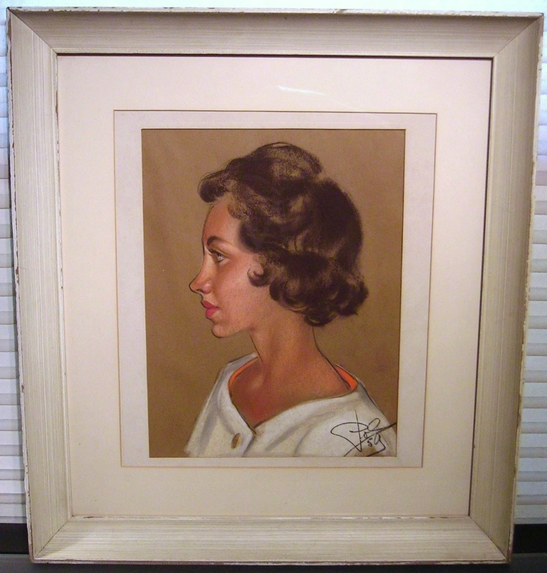 Vintage 1950s Pastel Painting Portrait of Young Woman