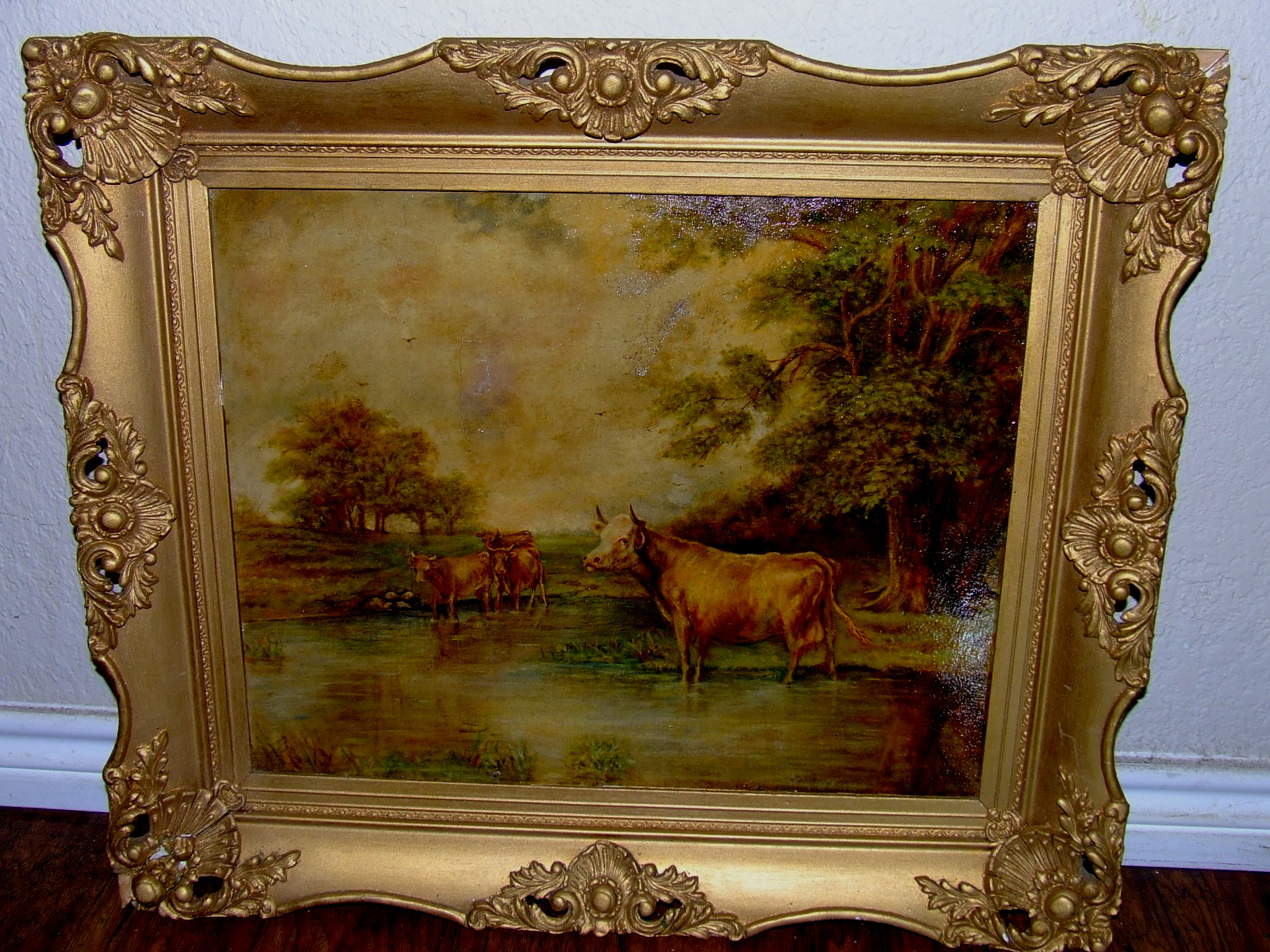 Antique 19th C. Landscape Gathering Watering Cows Oil on Board Gilt Ornate Frame