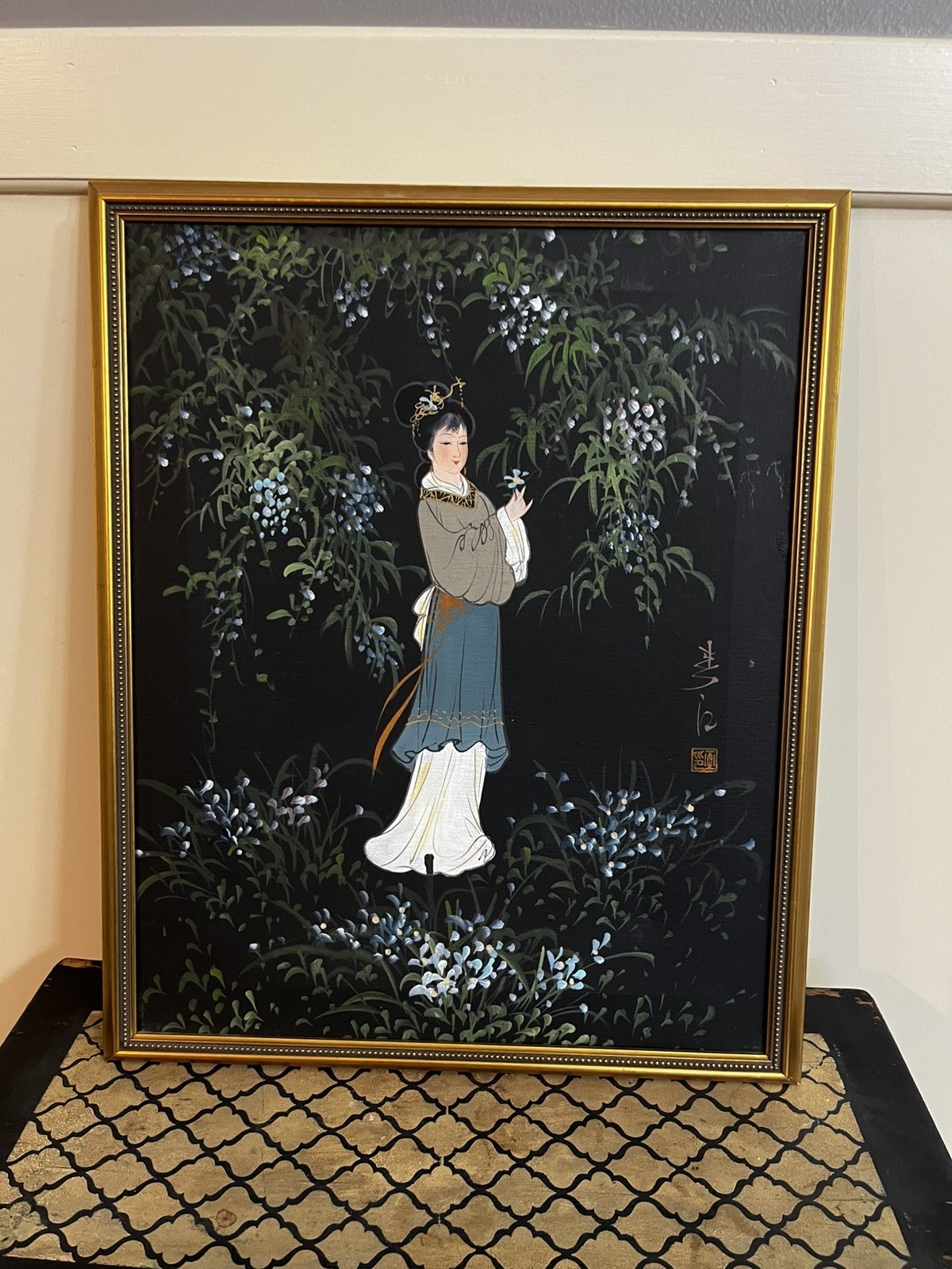 Vintage Asian Geisha Art Gold Frame Chinoiserie Hollywood Regency Decor