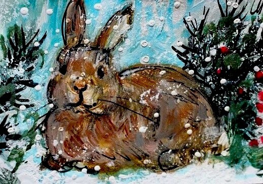 ORIGINAL ACEO Cottontail RABBIT Painting Winter Snow Bunny Animal Nature ATC ART