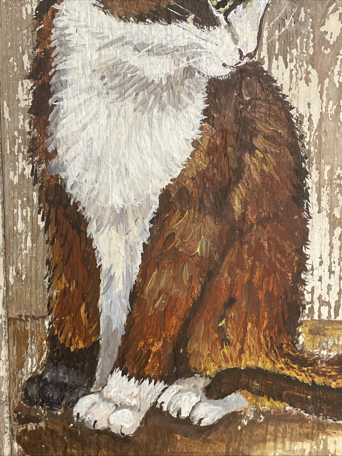 Charming Cat Painting on Rustic Reclaimed Barn Board – Farmhouse Folk Art Signed