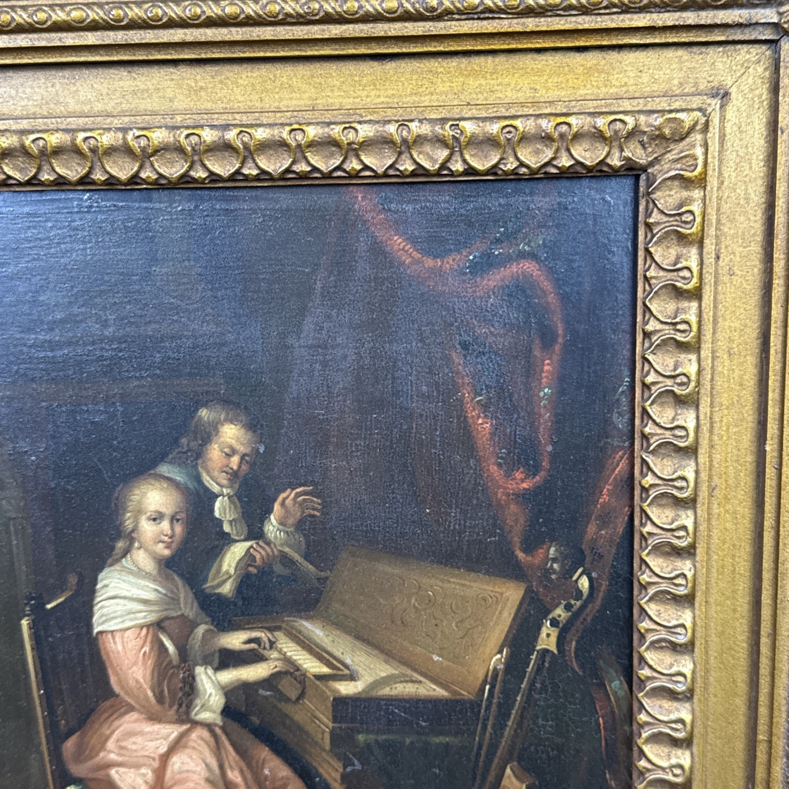 19thC Continental School Oil On Copper Painting Piano Lesson Framed 18×19”