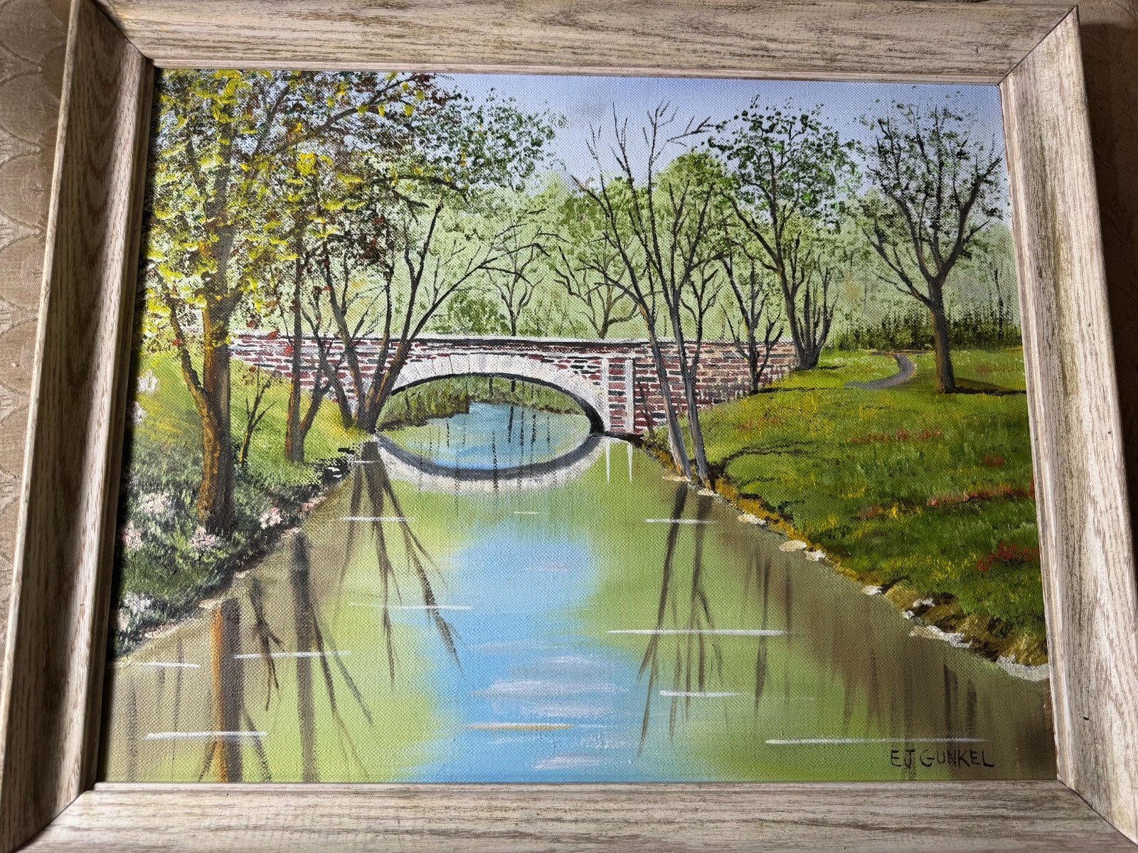 E J Gunkel Oil Painting Landscape Stone Bridge River Scene Signed Framed Canvas