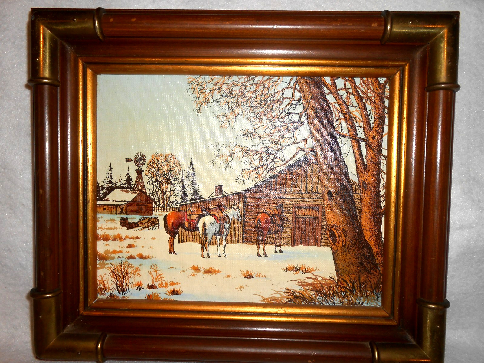 Framed – Signed H. Jasper Farm Scene With Horse Hand Painted Serigraph On Canvas