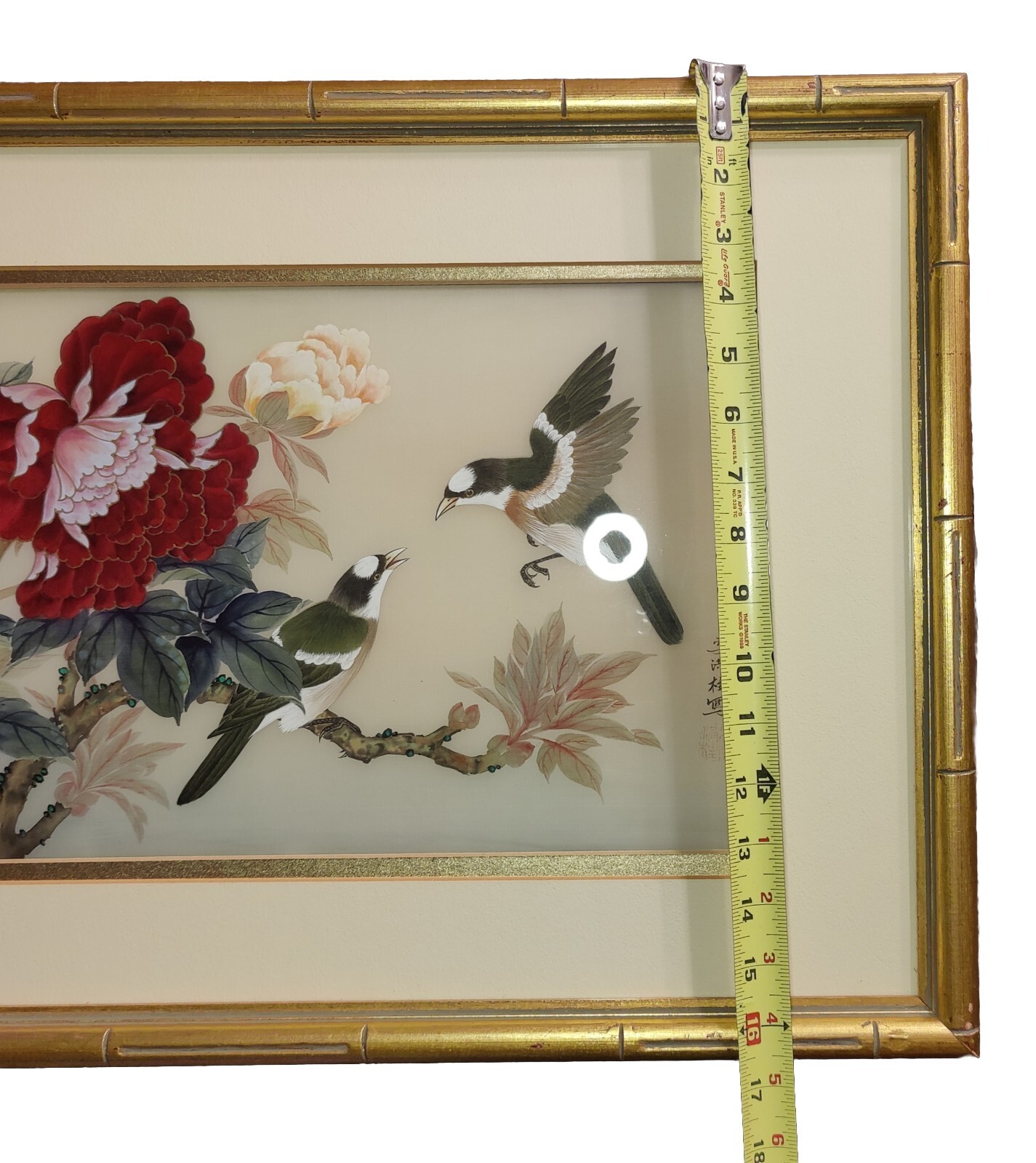Silk Art Painting Bird Flower Branches Red Pink Gold Green Brown Frame Li Hong