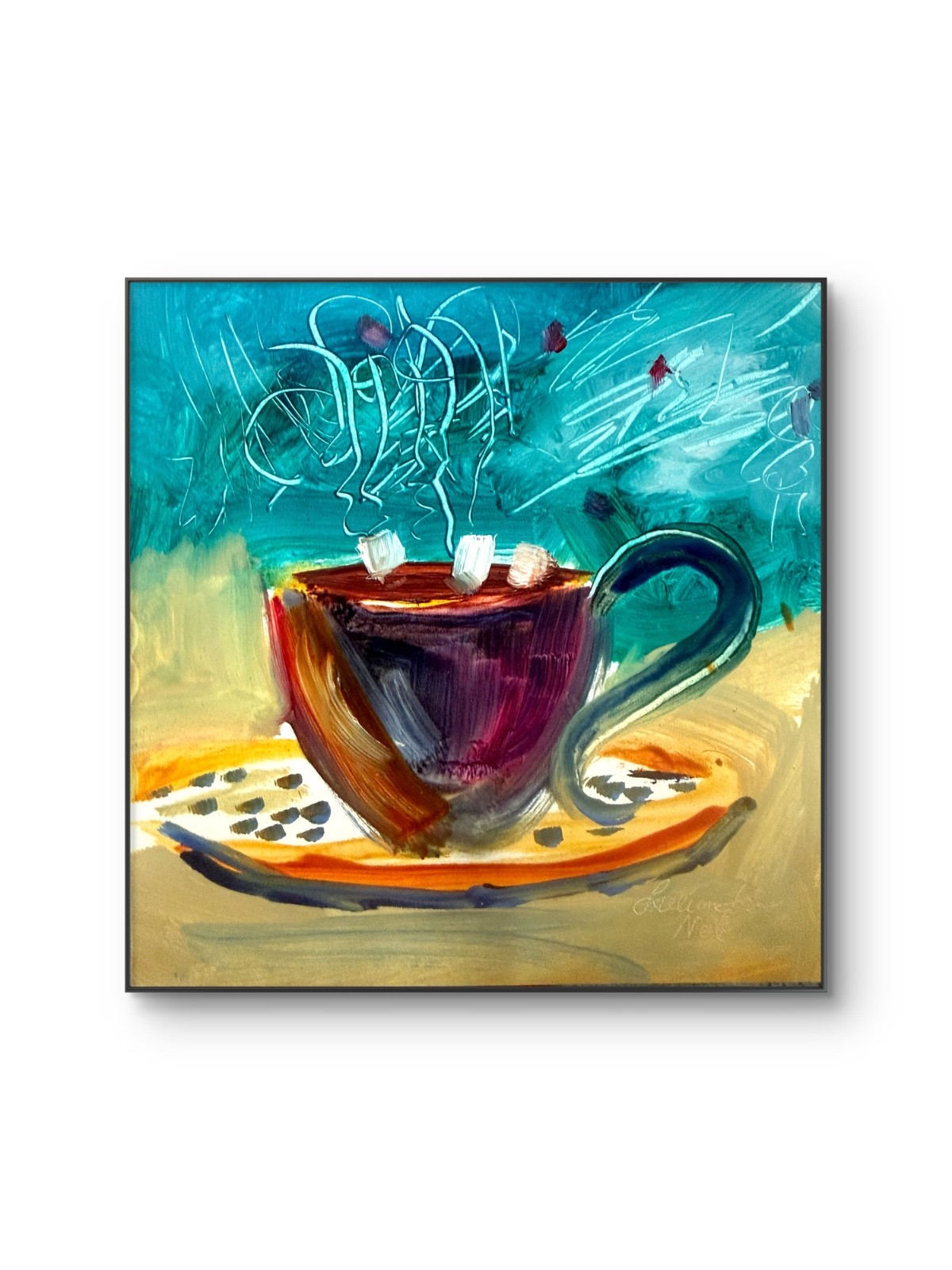 Chocolate Mug 6″x6″ Abstract Oil on Panel Expressionsim Kitchen Home Art