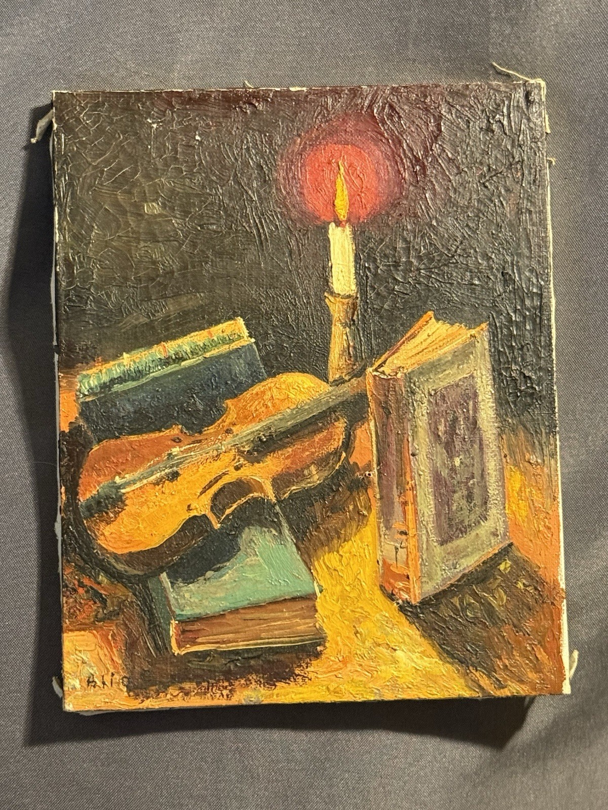 Vintage Original Oil on Canvas Still Life violin candle books