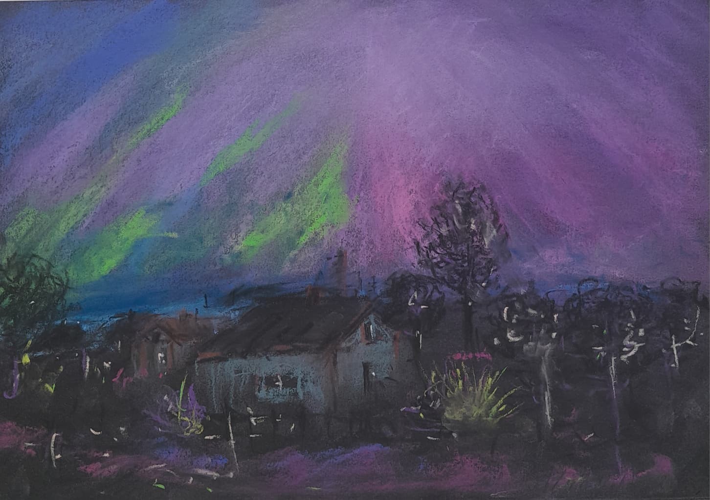 Arisa Strazds – «Aurora» – Northern Lights Dry Pastel on Paper, 21 x 29 cm