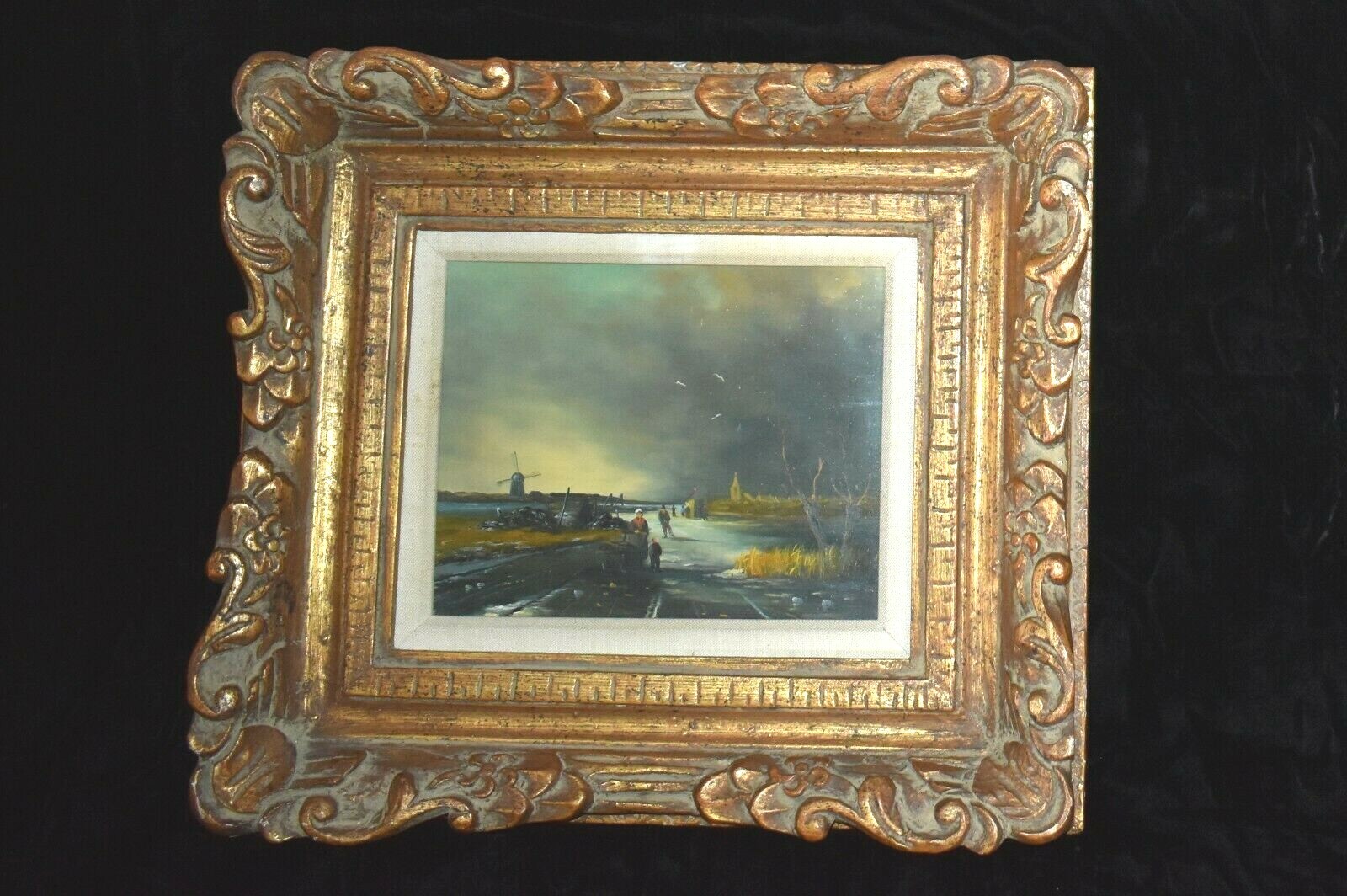 Vintage Dutch Scene Painting Windmill People / REVEL Hand carved Frame 18″x16″
