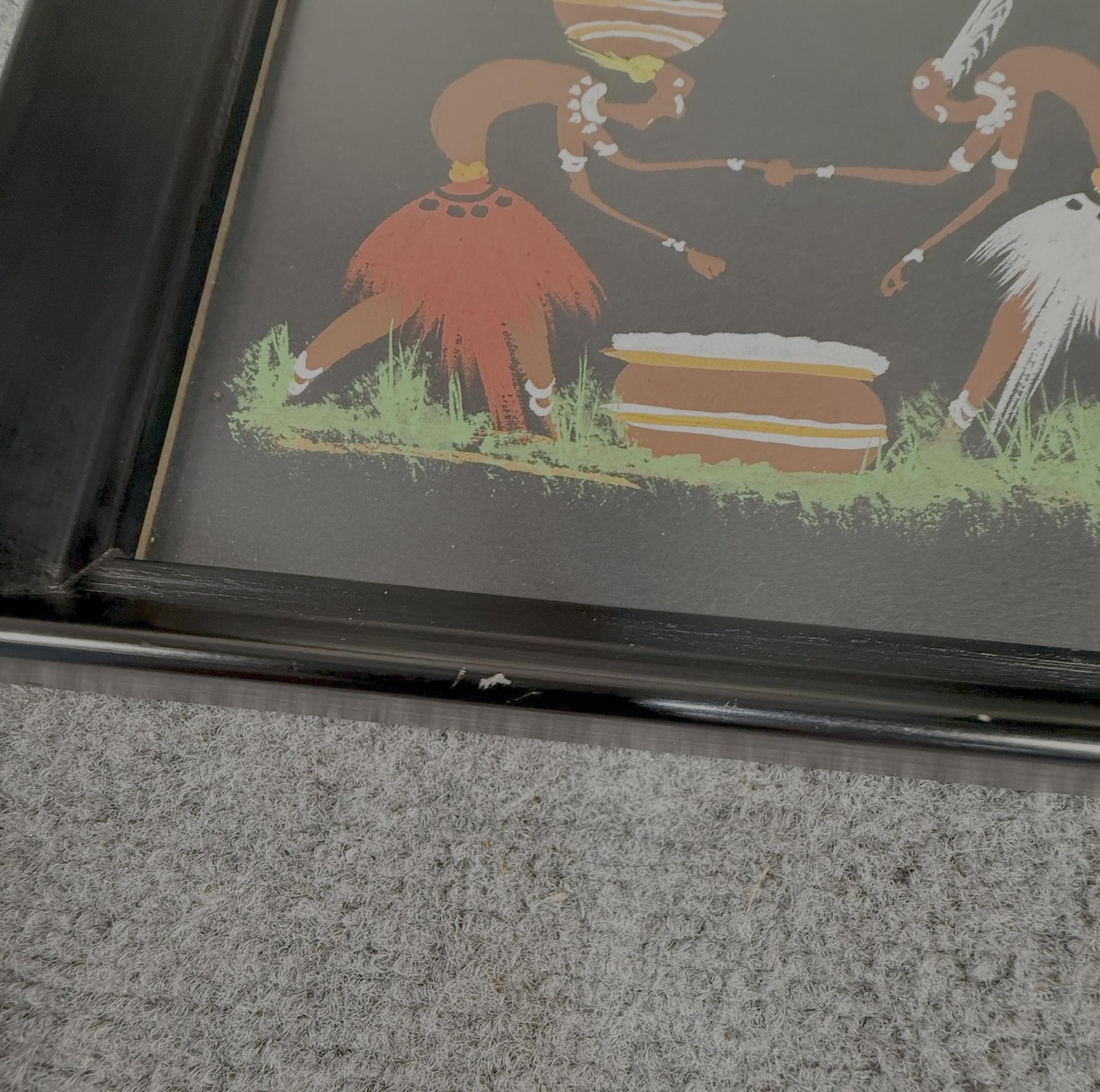 African Village Men Tree Folk Art Acrylic Painting Signed Framed Black Colorful