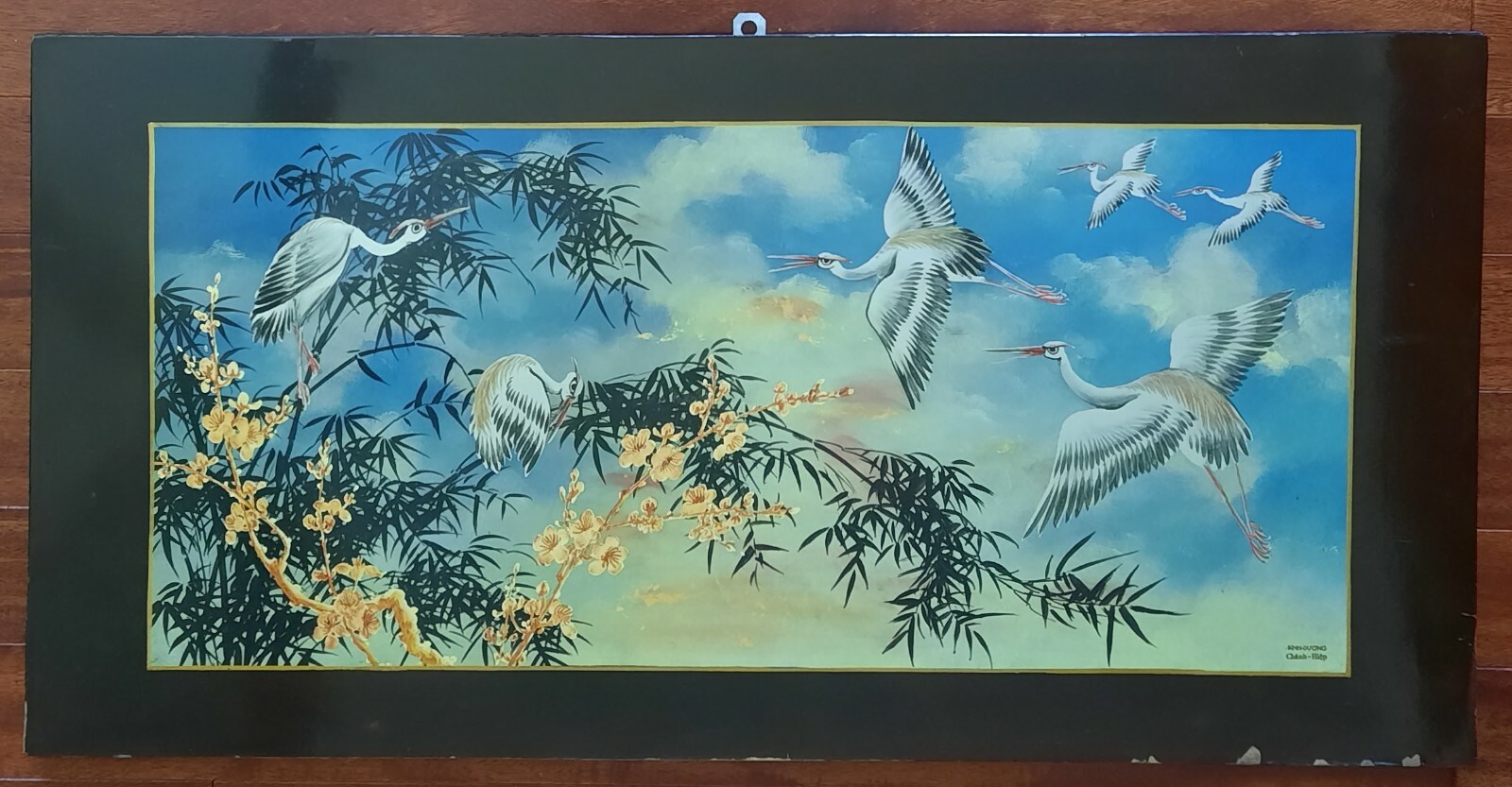 Vintage Asian Art Cranes Lotus Acrylic Painting on Plywood Vietnam 31 x 16 in