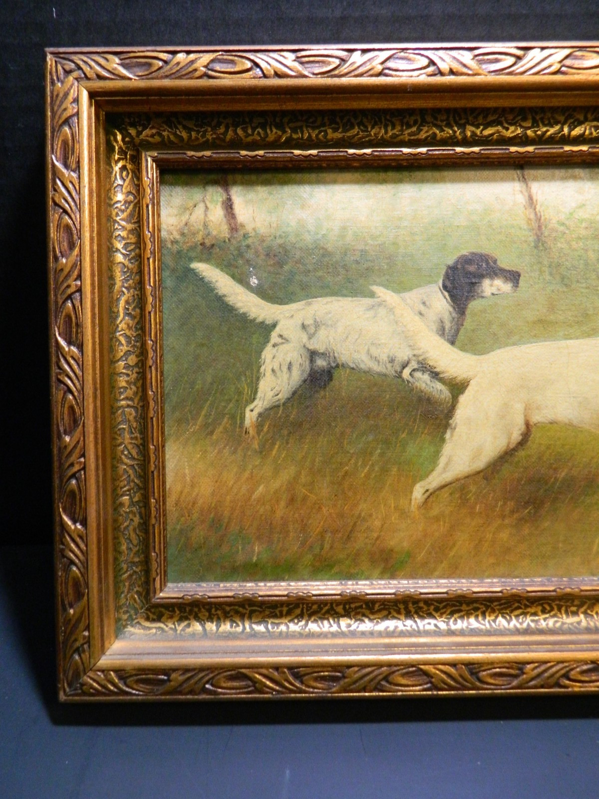 Antique Framed 2 English Pointers Oil On Canvas Signed W.H. Thomas 14.75″ VG