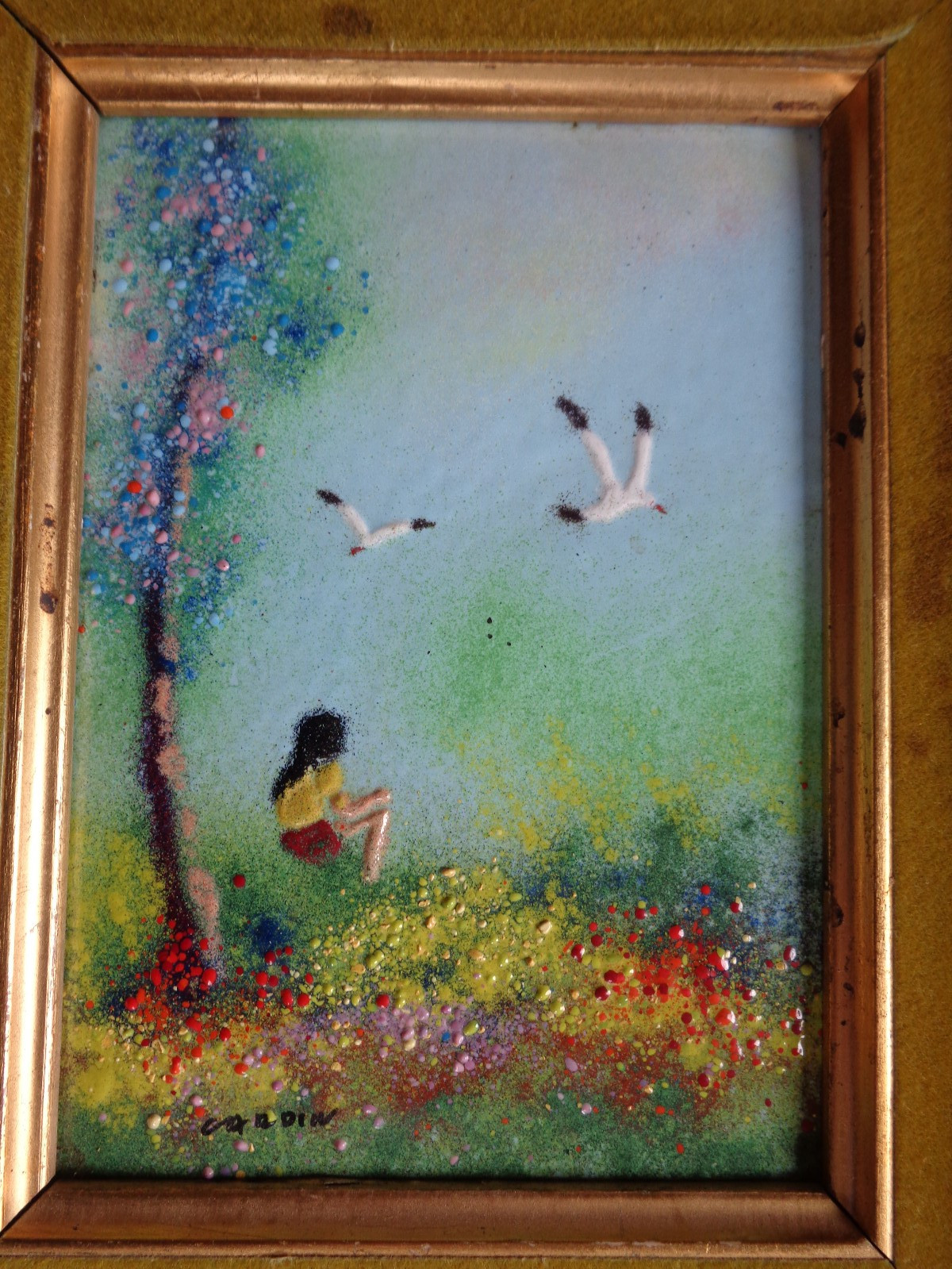 Louis Cardin Enamel on Copper Signed Girl w Gulls Fine Art 12 x 10 Frame