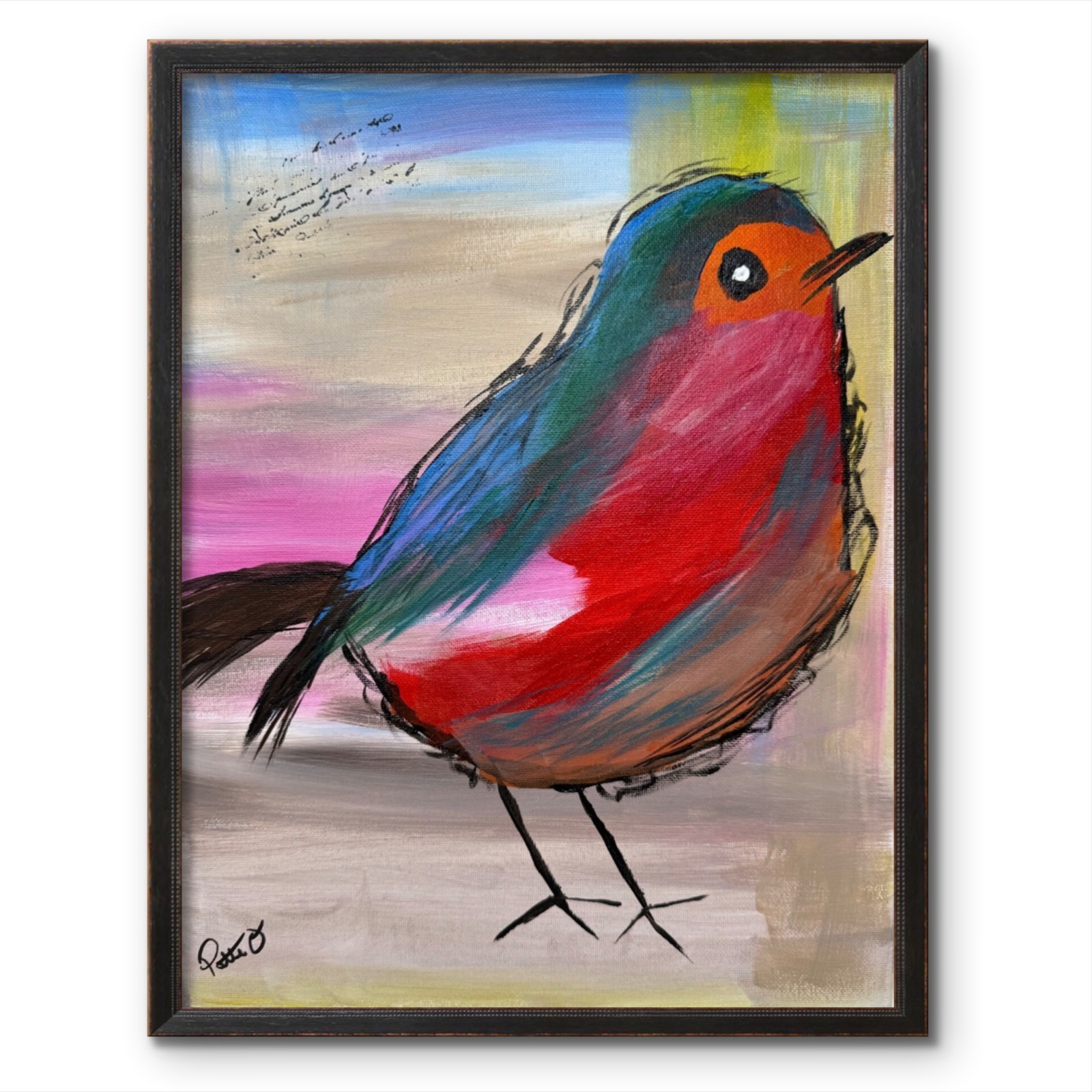 Original Expressionist Art 11×14 Song Bird Painting Acrylic Canvas Signed