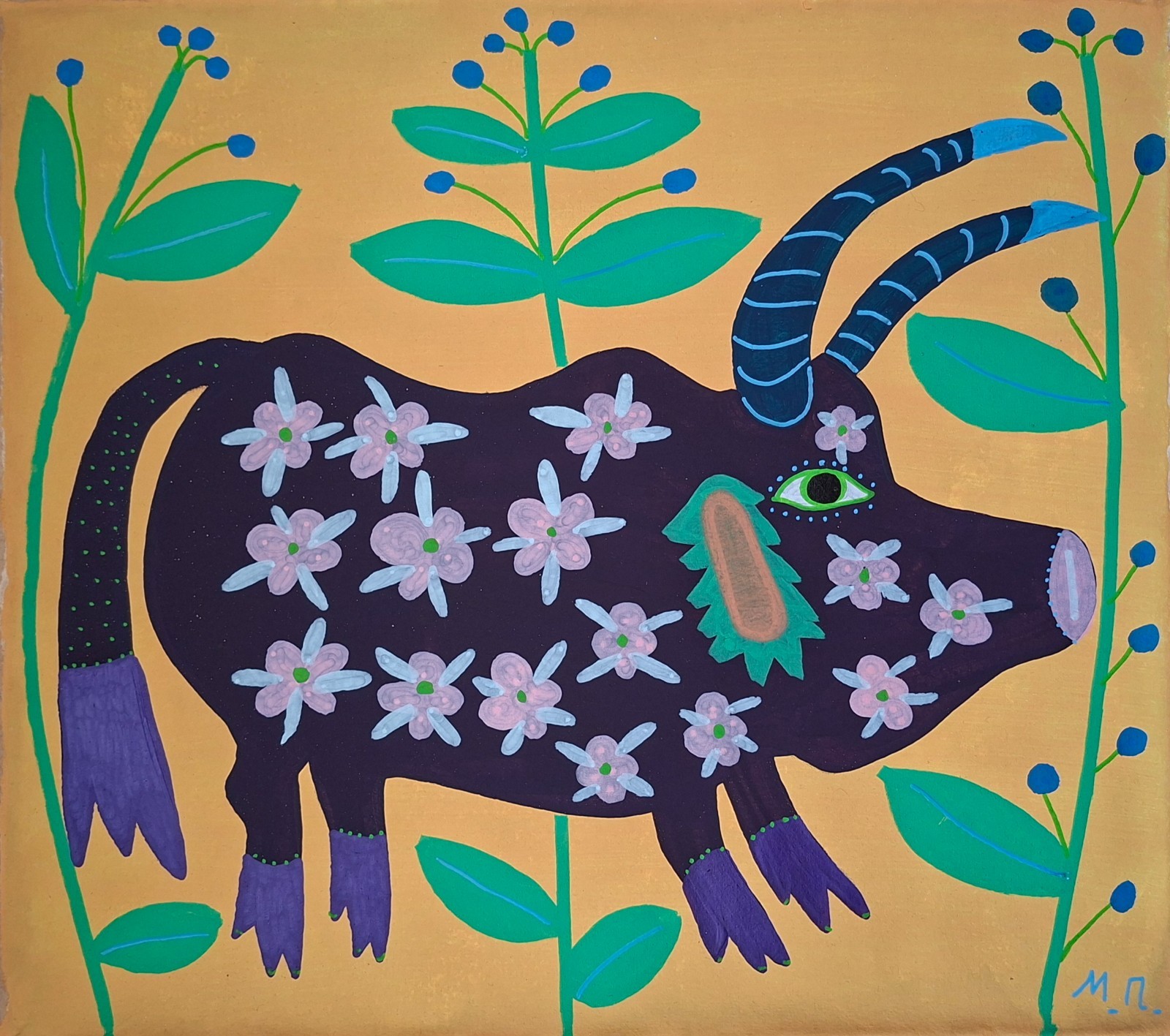 Maria Prymachenko Signed Ukrainian Folk Art Painting on Canvas – Rare Artwork