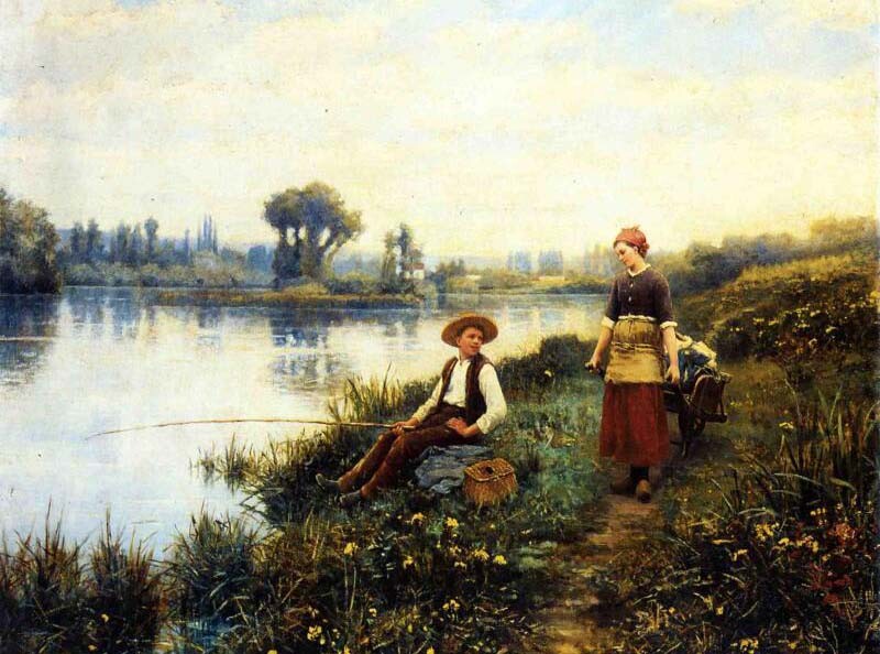 Oil painting Daniel-Ridgway-Knight-A-Passing-Conversation landscape by river art