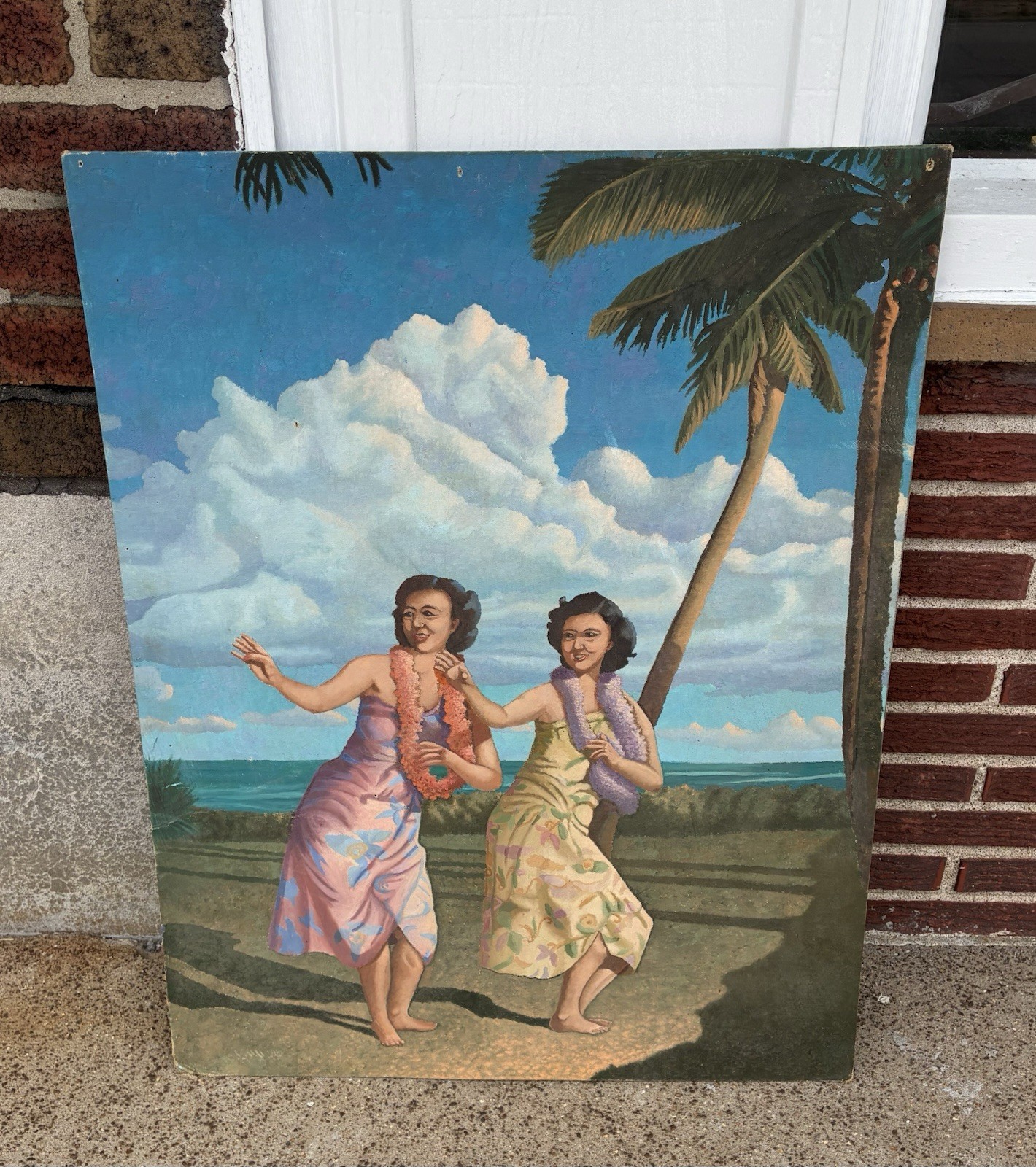 Signed Painting Hawaii Dance Hula Girls Retro Tropical Beach Vintage Wall Art