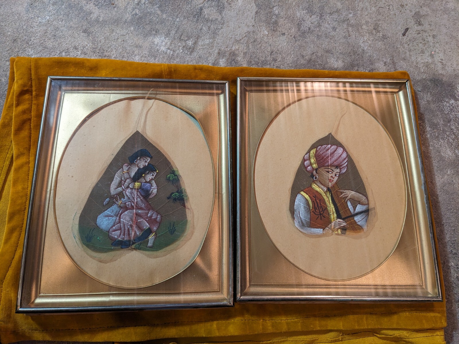Pair Of Vintage INDIA Pipal PEEPAL LEAF PAINTING MAN & WOMAN Framed