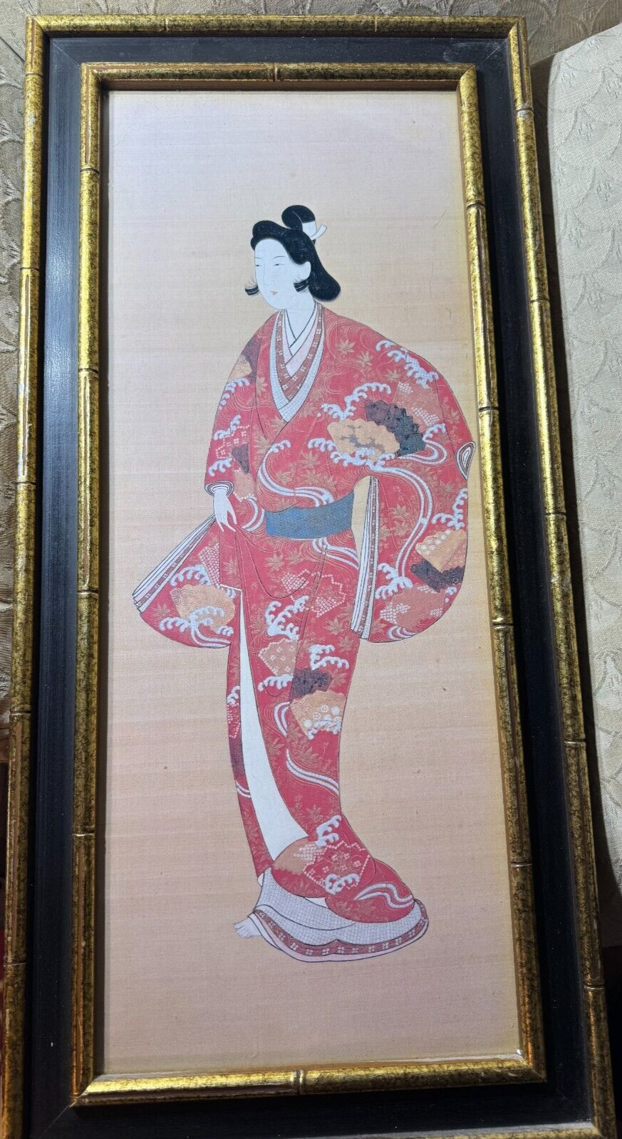 Vintage Edo Period Ukiyoe School «Japanese Courtesan» Gouache Painting – Framed