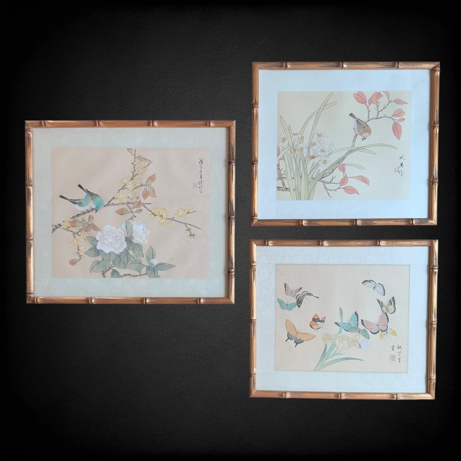 VTG Silk Asian Bird Butterfly Flower Watercolor Paintings Signed Frames