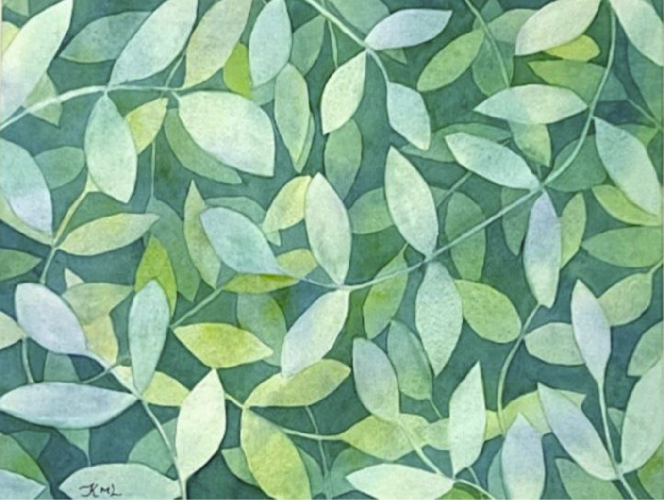 PAINTING WATERCOLOR 11X14 & WHITE MAT 16X20 LEAVES BRANCHES GREEN BLUE ORIGINAL