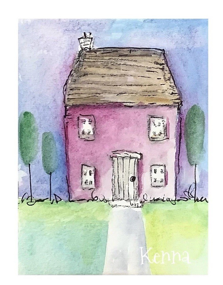 Aceo Original Painting By Kenna Art Card Cottage Illustration 2.5” X 3.5”