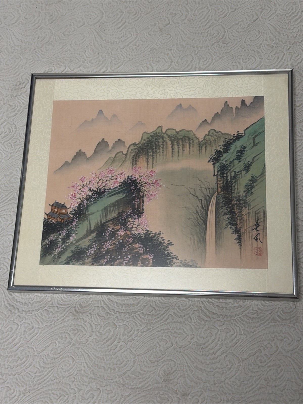Vintage Traditional Chinese Watercolor Mountain River Landscape Frame Painting