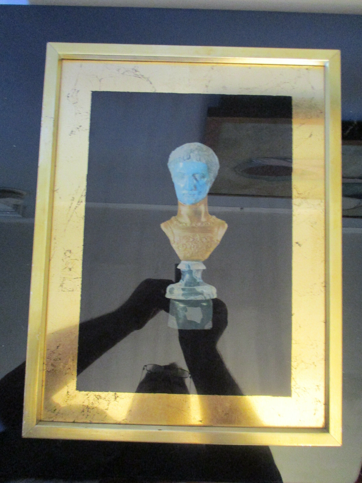 Original Art Gold Leaf Ceasar Bust on Glass Hollywood Regency Picture Framed!1
