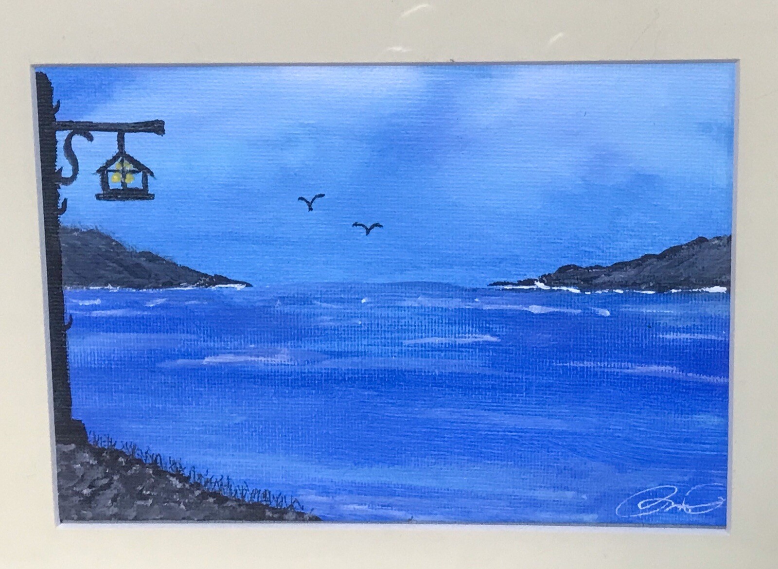 Beach Seagulls Sea Lamppost Painting Signed Art Coastal Peaceful Landscape