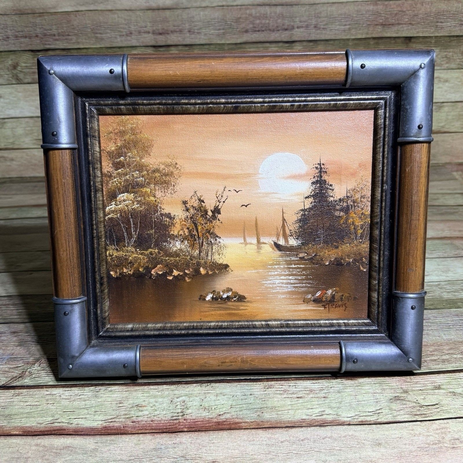 Oil Painting Signed T Travis Lakeside River Sailboats Seascape Framed Nautical