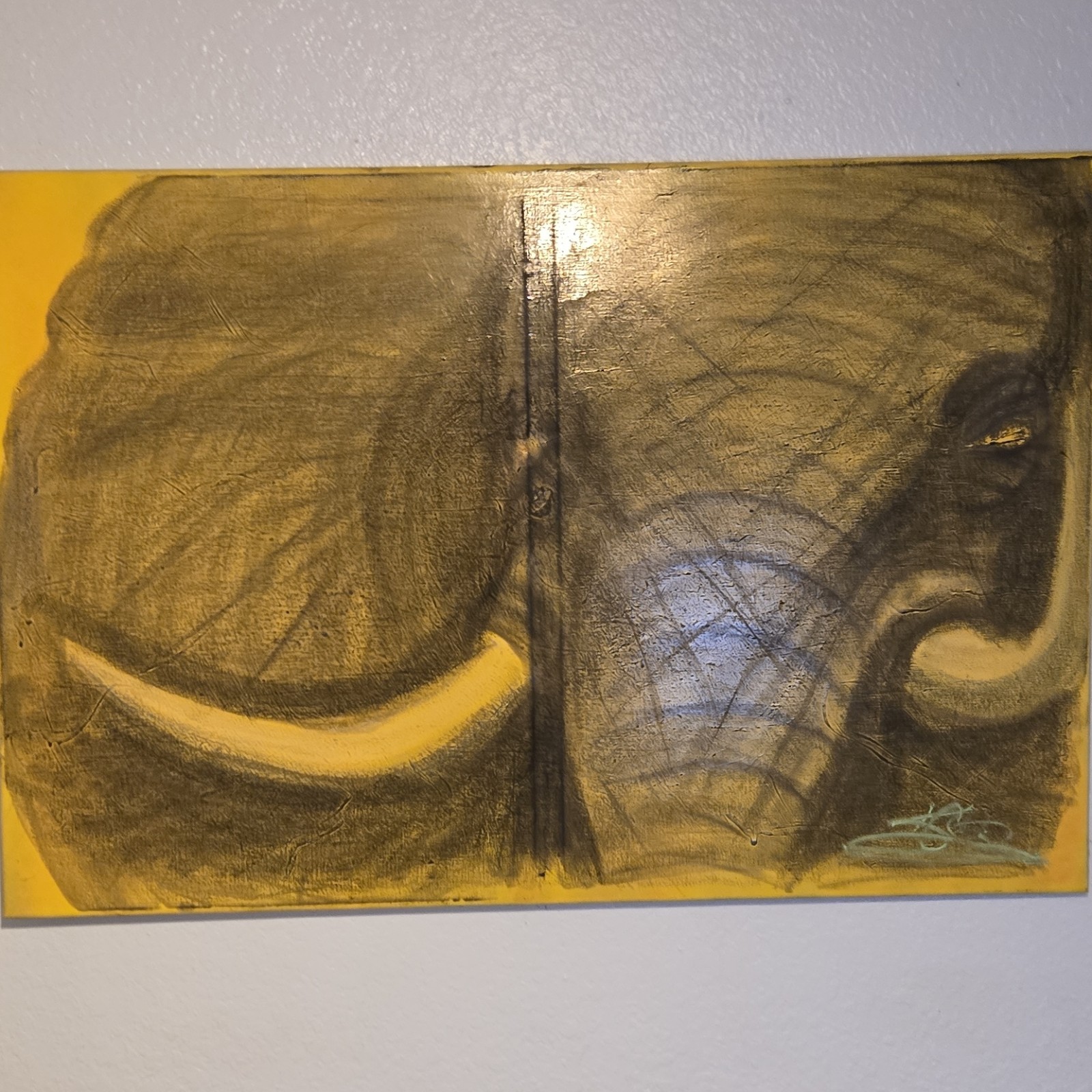 Abstract Elephant Painting on Canvas, Yellow Brown, Signed, Handmade Art