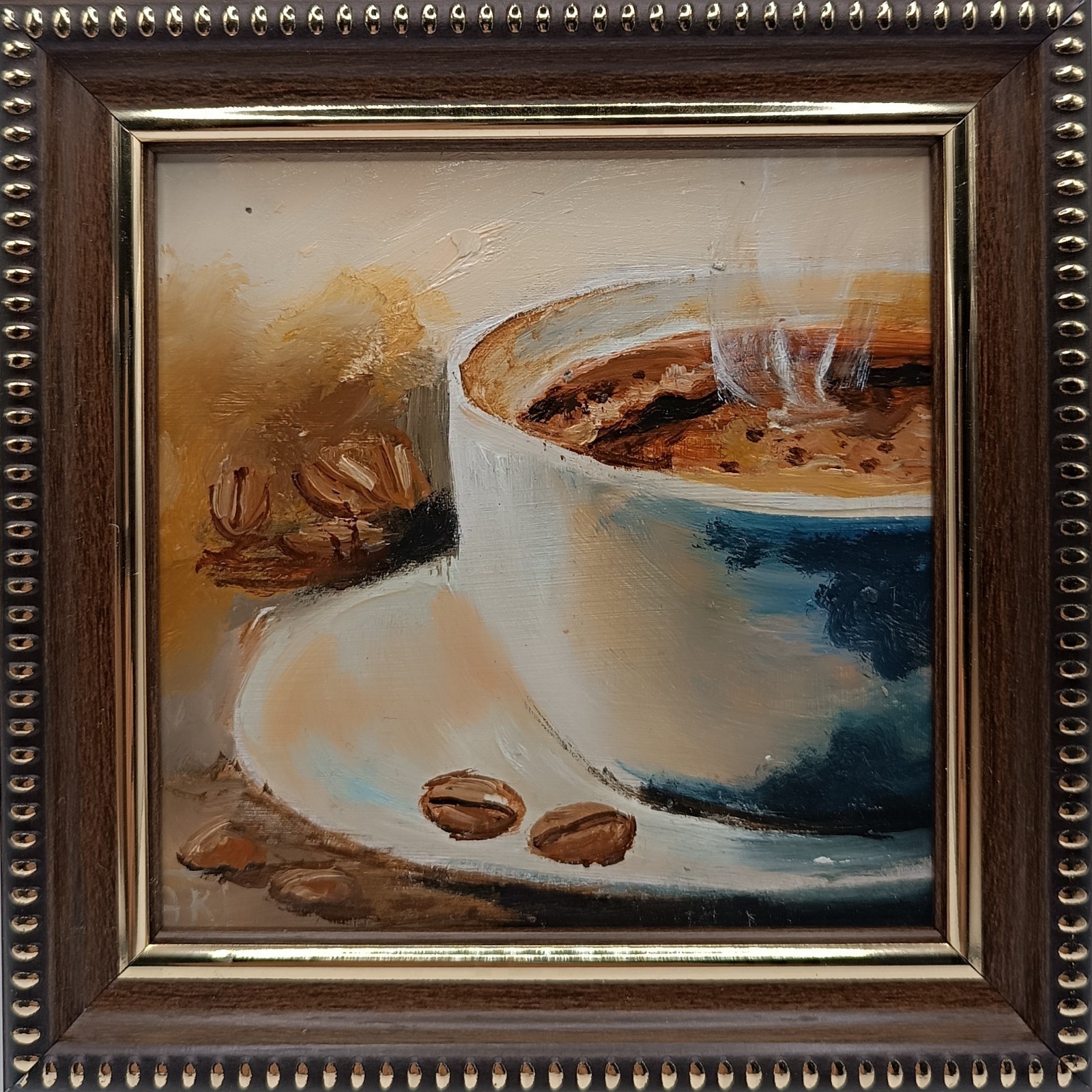 Original Coffee Cup Oil Painting Impasto Food Art Framed Miniature 4×4″