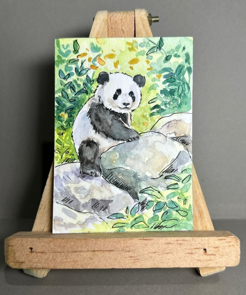 Original Watercolor Painting ACEO OOAK Giant Panda Bear on Rock Wildlife Art