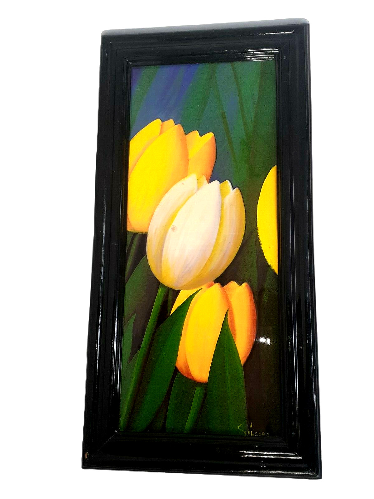 Vintage Lacquer Floral Wall Art Tulip Yellow Flowers Painting on Wood 23″Hx11.5″