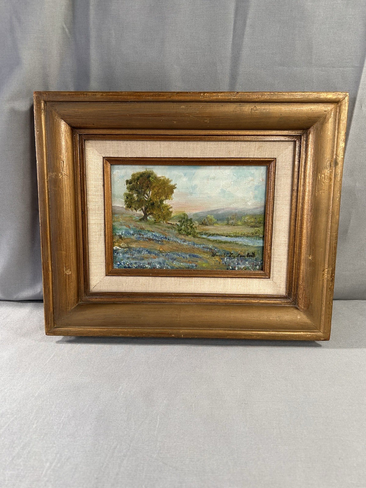 Vintage Art Texas Hill Country Bluebonnets By Gussie Lee Combest Oil Painting
